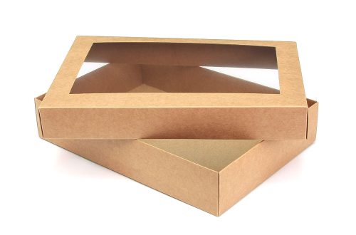 otwarte prostokątne pudełko na ciasteczka z okienkiem, wykonane z kartonu ekologicznego