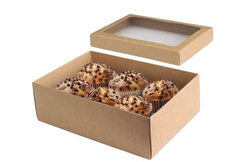 rozłożone dwuczęściowe pudełko na muffiny z kartonu ekologicznego; w środku widać 6 muffinek z czekoladą