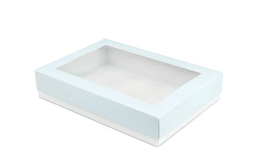 błękitne prostokątne pudełko na ciasteczka z okienkiem